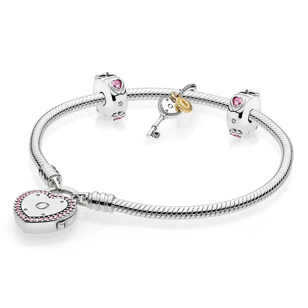 

Original 925 Sterling Silver Lock Your Promise Snake Chain Pandora Bracelet Bangle Fit Women Bead Charm Europe Jewelry