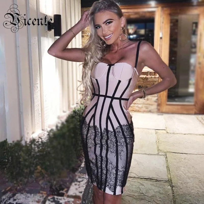 

Vicente All Free Shipping 2019 New Chic Lace Splicing Sleeveless Backless Color Block Celebrity Party Bandage Mini Slip Dress