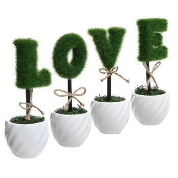 

New LOVE Decoration White Ceramic Green Hedge Artificial Plant Set / Set of 4 Fake Plant Letters