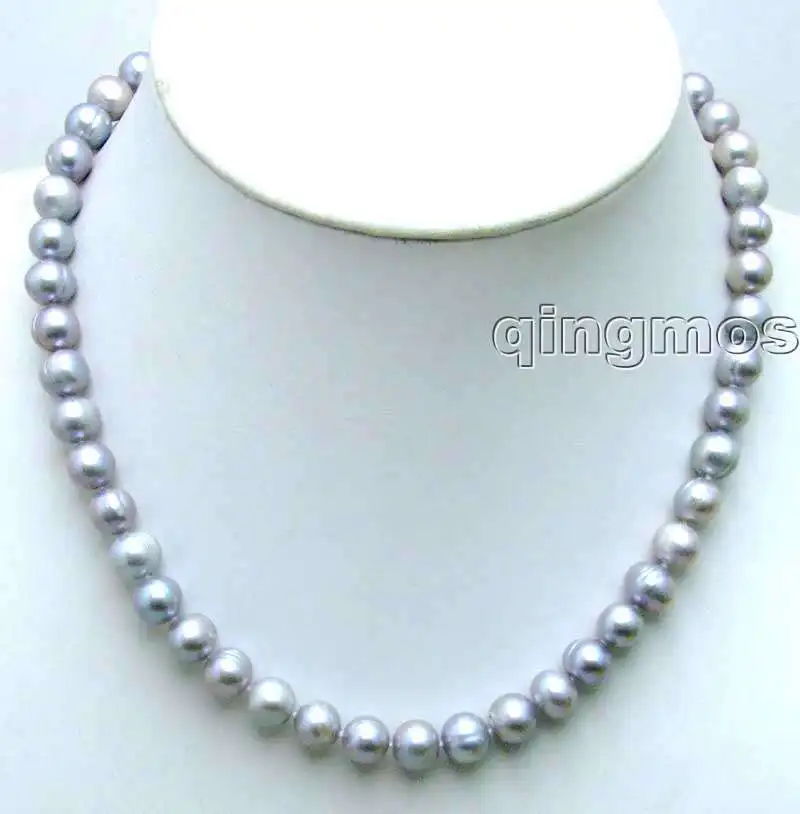 

SALE Big 7-8mm High quality Round shape natural gray Pearl 17" necklace-nec5562 Free shipping