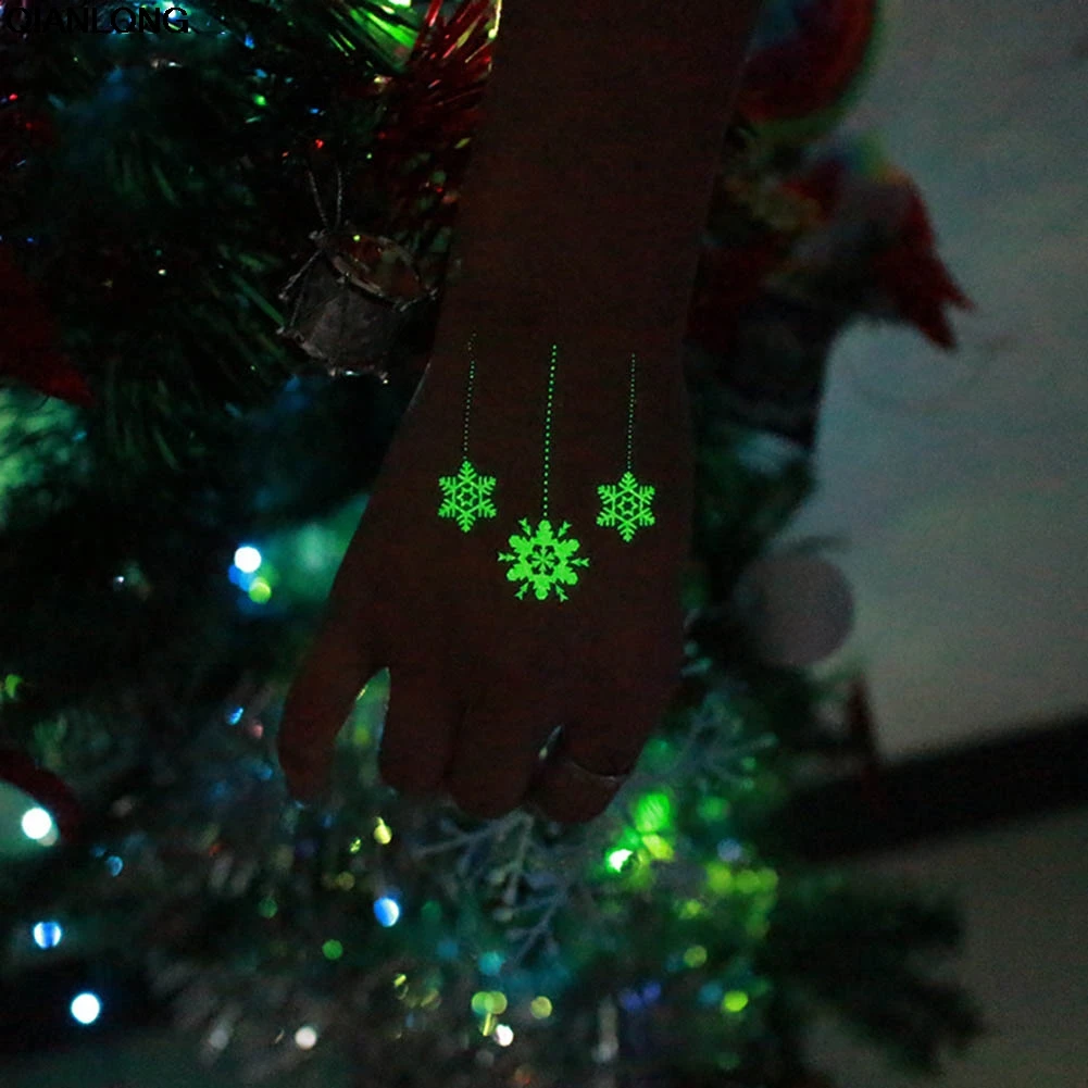 

Luminous Tattoo Glow In The Dark Glitter Christmas Tatoo Flash Fluorescent Temporary Tattoos Stickers Water Transfer Body Art