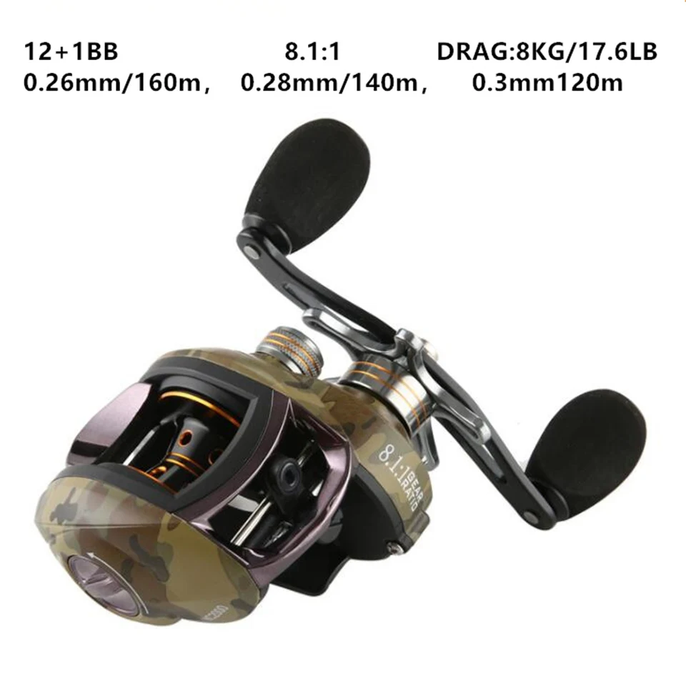 

12+1BB Fishing Baitcasting Reel Metal Wire Cup Casting 8.1:1 High Speed 8kg/17.6LB Super Strong Magnetic Force Drag