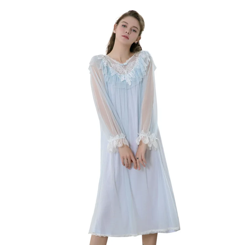 

Nightgown For Spring And Autumn Court Style Girl Nightdress Solid Color Long-sleeved Mesh Loose Ladies Woman Night Sleepwear
