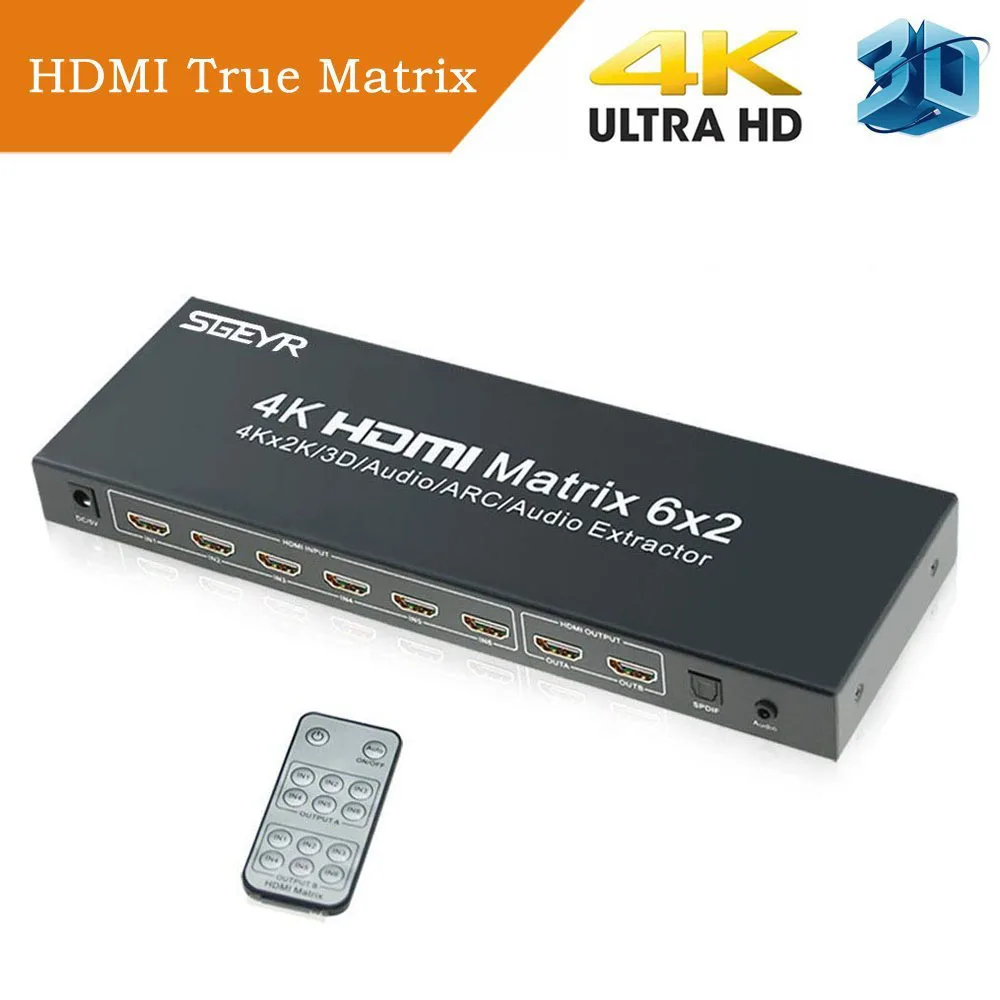 SGEYR 4Kx2K HDMI Matrix 6x2 HDMI Splitter Switch 6 in 2 out with Remote Control SPDIF+ 3.5mm HDMI Audio Extractor 4K SGEYR 4Kx2K HDMI Matrix 6x2 HDMI Splitter Switch 6 in 2 out with Remote Control SPDIF+ 3.5mm HDMI Audio Extractor 4K