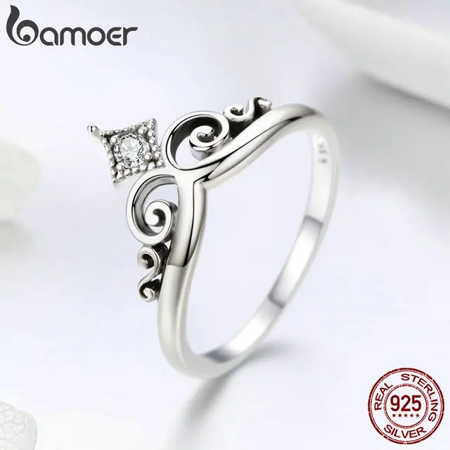 100% Real 925 Sterling Silver Dazzling AAA Zircon Princess Crown Ring For Women Wedding Engagement 3