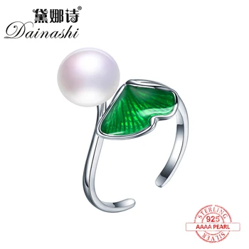 

Dainashi maple leaf shape with green enamel 925 sterling silver adjustable colorful real natural pearls rings fine jewelry