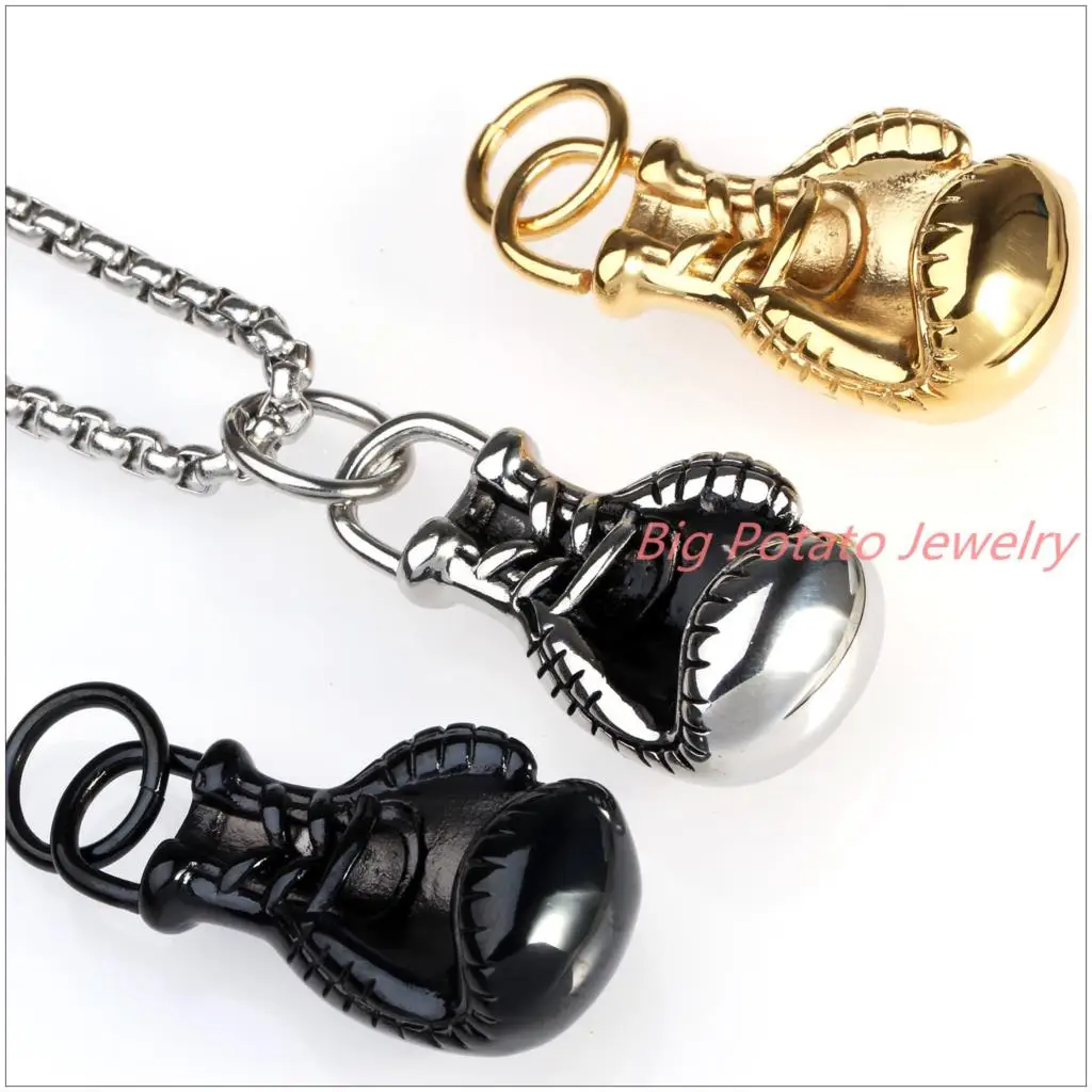 

Hotsale New Fashion 316LStainless Steel Silver/Gold/Black Bling Mens Womens Boxing Glove Pendant Necklace Top Quality Free Chain
