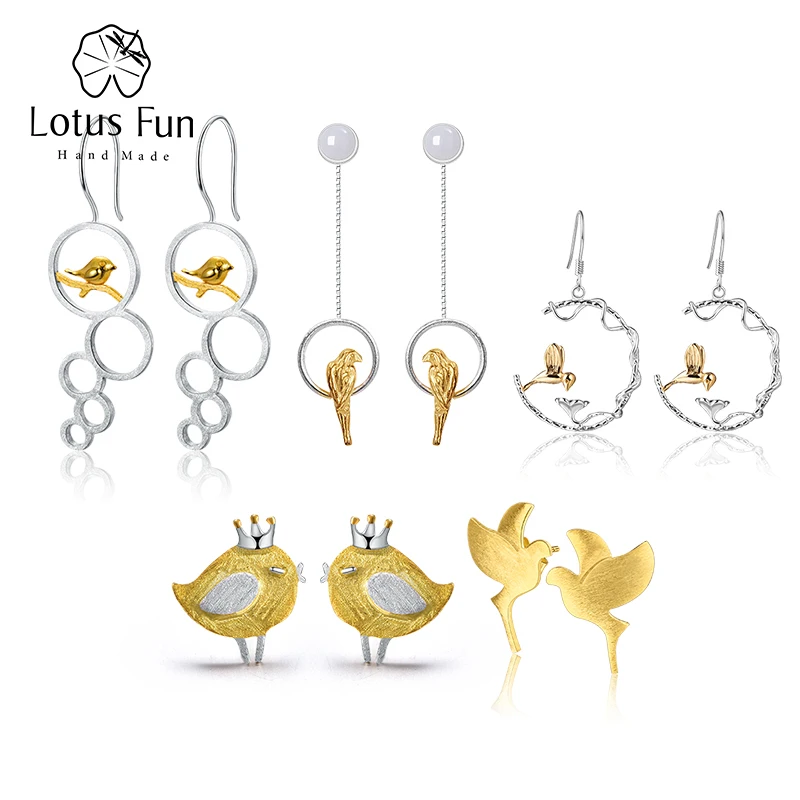 

Lotus Fun Real 925 Sterling Silver Natural Creative Designer Fine Jewelry Lovely Bird Weekly Earrings for Women