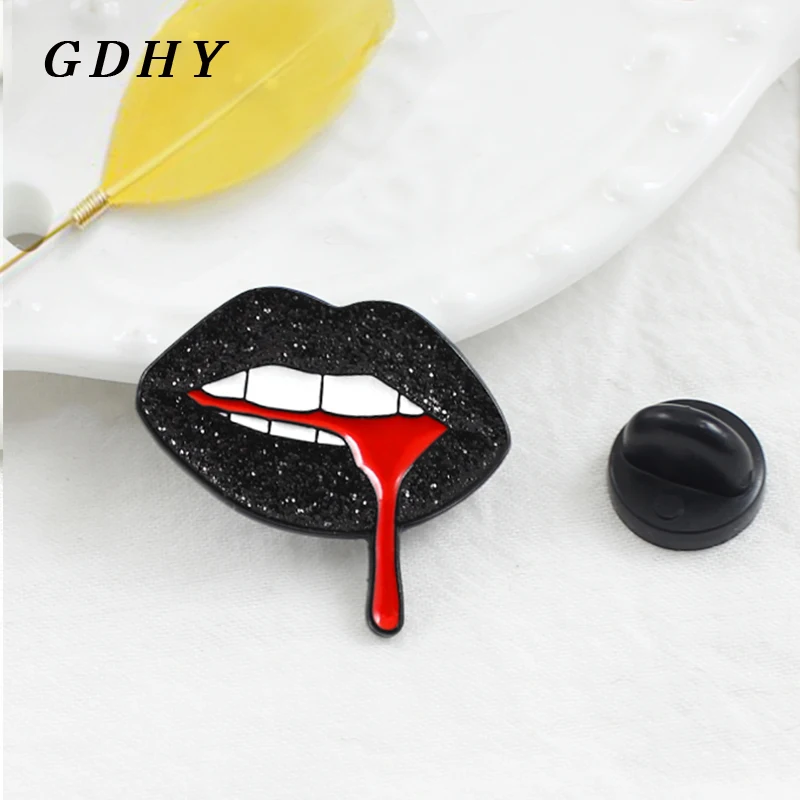 

GDHY Fashion Black Lips Brooch Sexy Black Lips Enamel Pin Brooch Button Shirt Denim Collar Badge Women Girls Statement Jewelry