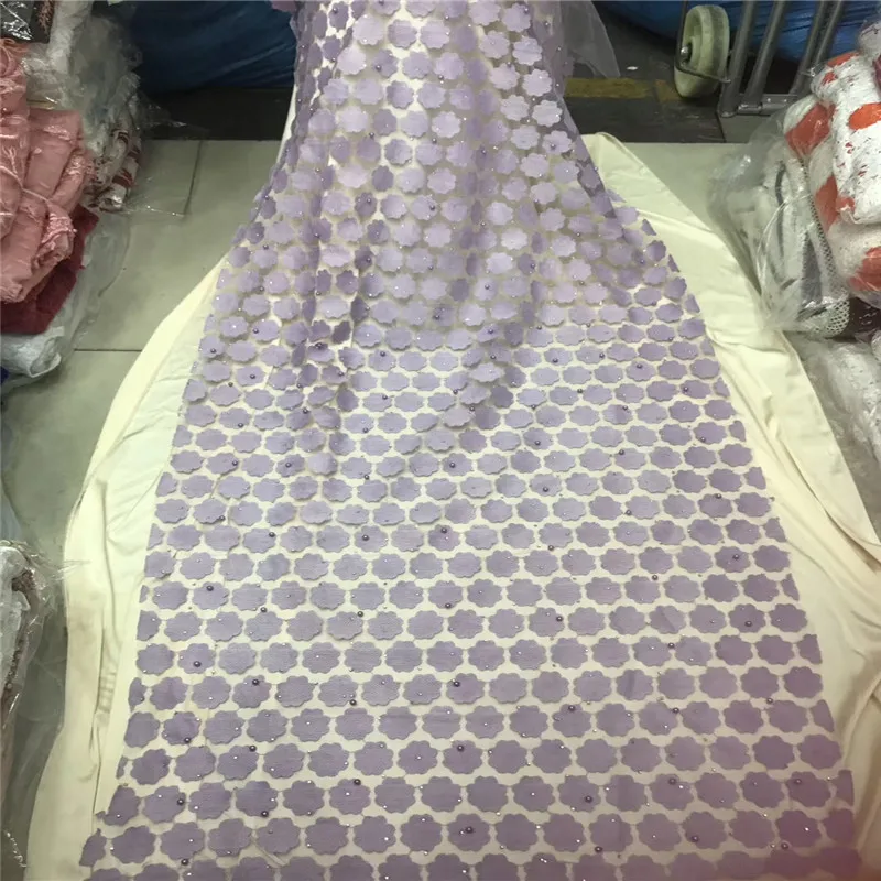 

HFX Plain Lilac Latest African Lace with Beads/Stones Embroidery Wedding Dress Net Lace High Quality Nigerian French Lace X1358
