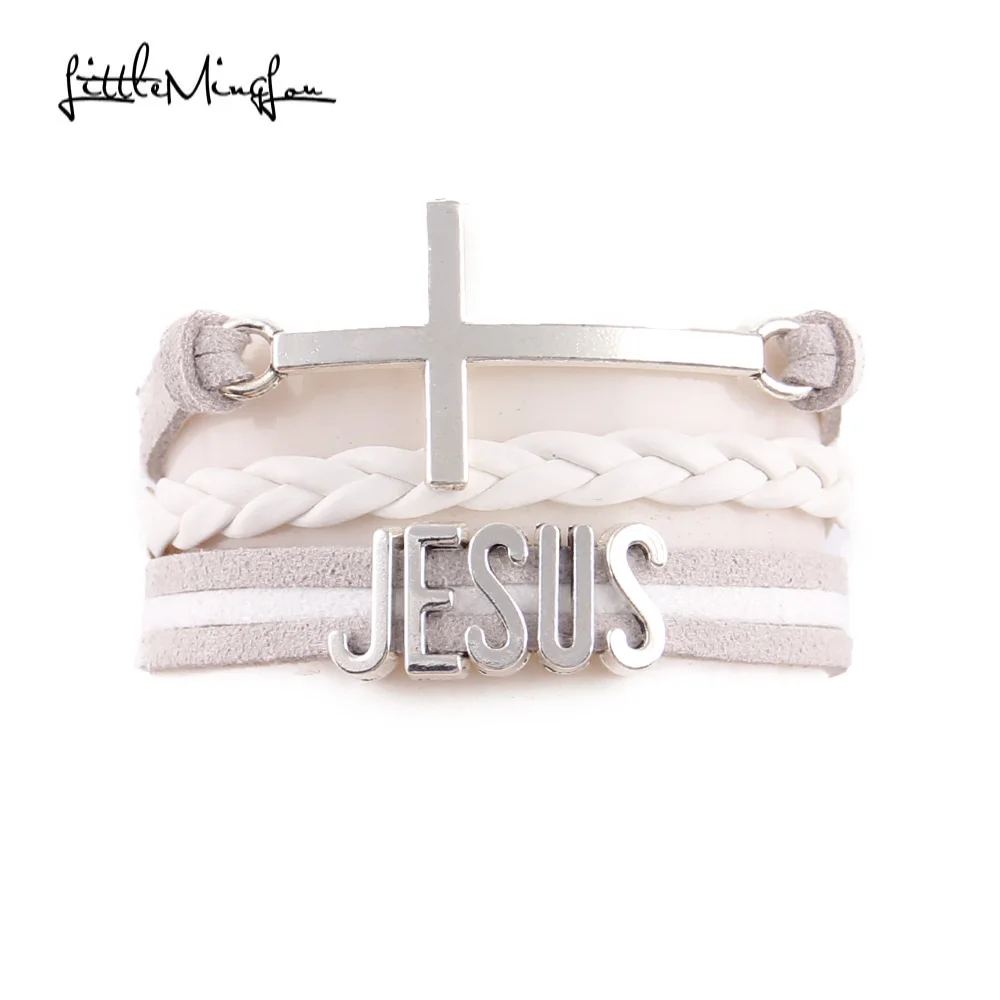 Religious Faith Jesus Women Bracelet Cross Charm Leather Braid Wrap