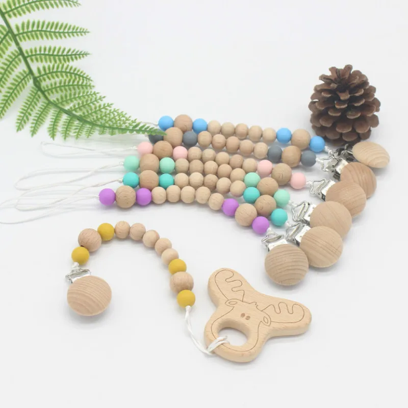 Pacifier Chain Clip Beech Beads Silicone Beads Dummy Nipple Holder