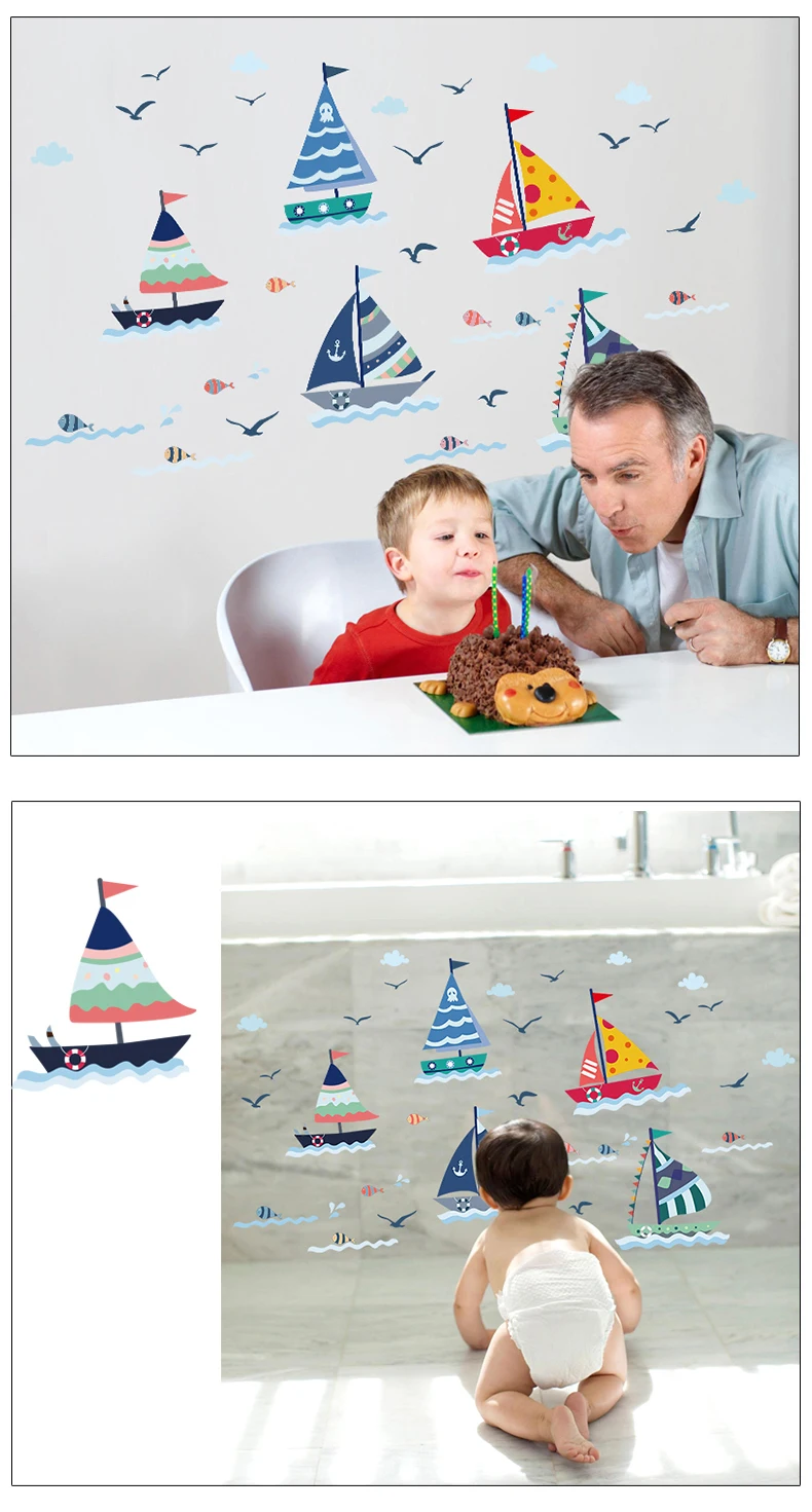 Cartoon Sailboat With Sea View Wall Sticker