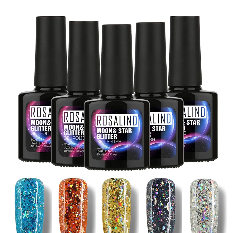 

ROSALIND Gel 1S P+Black Bottle 10ML Star&Moon Glitter S01-12 UV LED Soak-Off Gel Nail Polish Nail Art 3D Manicure Gel