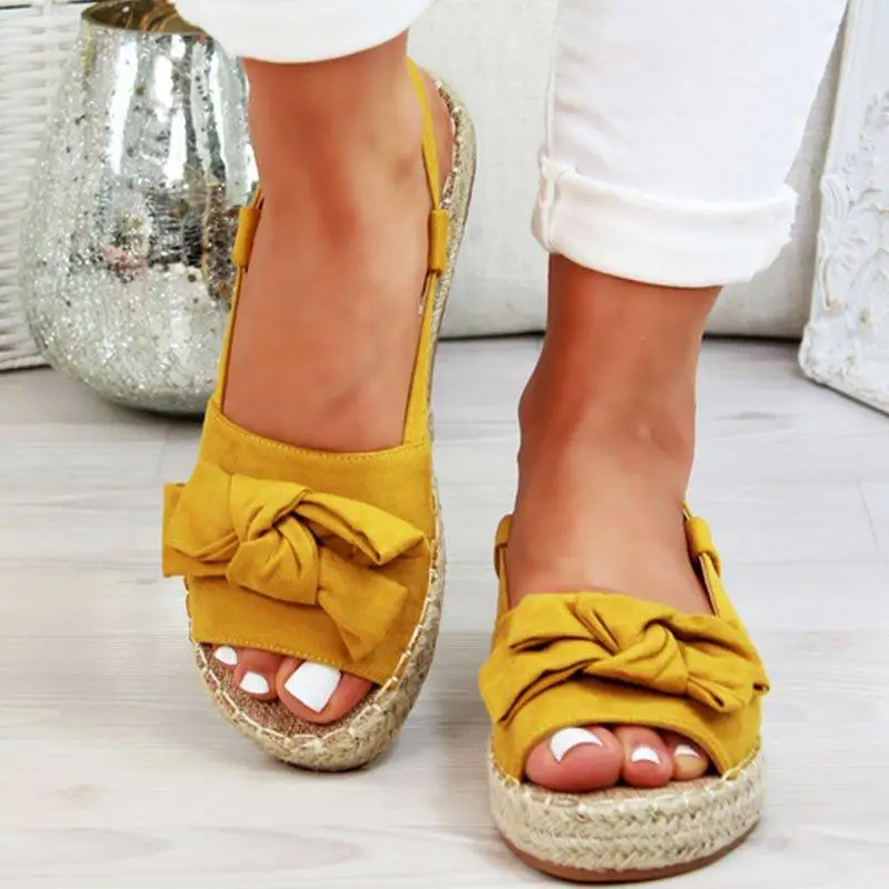 HEFLASHOR/женские босоножки; сандалии на плоской подошве; Летняя обувь; женская повседневная обувь с открытым носком и бантом; Sandalias Mujer; коллекция года; zapatos de mujer - Цвет: yellow