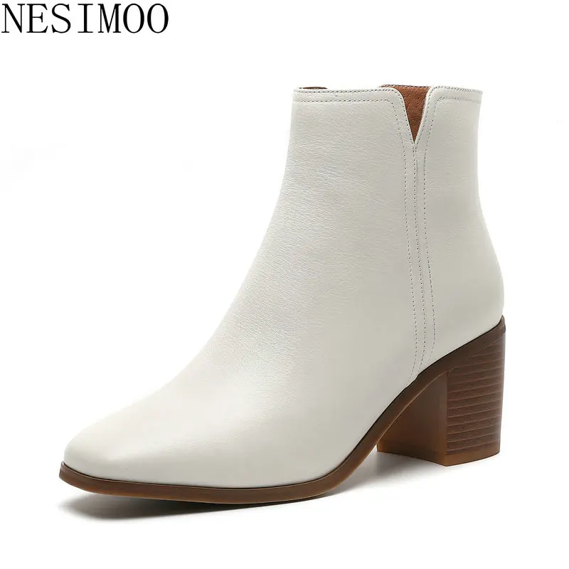 

NESIMOO 2019 Fashion Women Ankle Boots Genuine Leather Square High Heel Round Toe All Match Concise Ladies Shoes Size 34-40