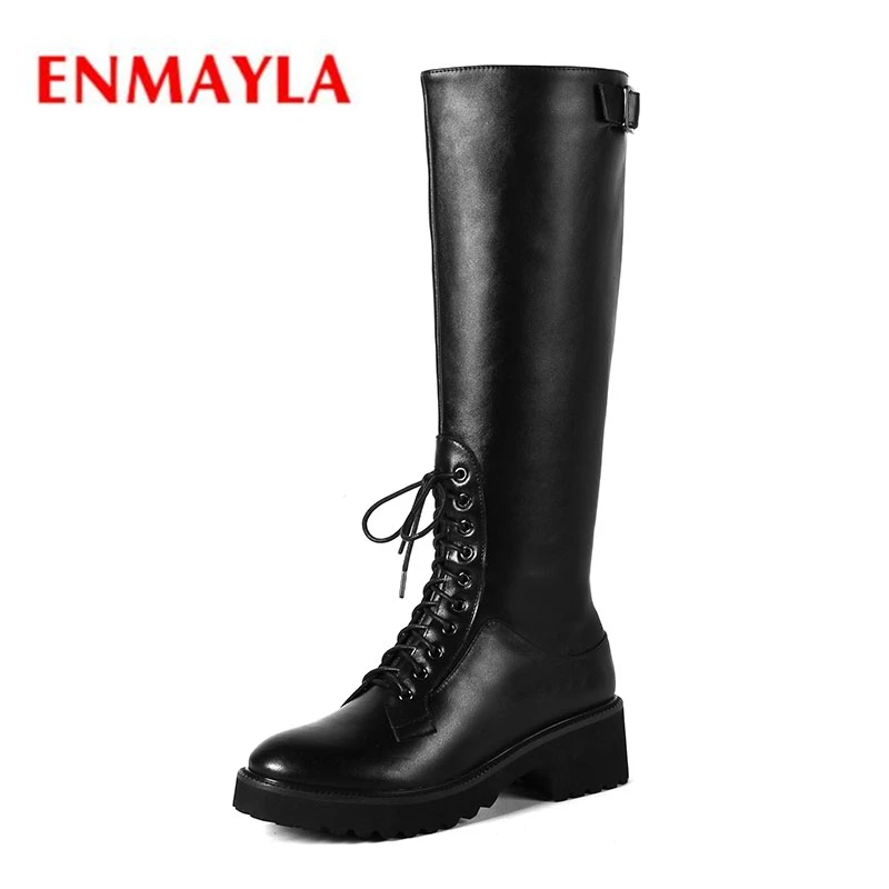 

ENMAYLA 2018 women solid round toe zipper knee high botas mujer lafy fashion cross-tied boots Big size 34-43 ZYL1211