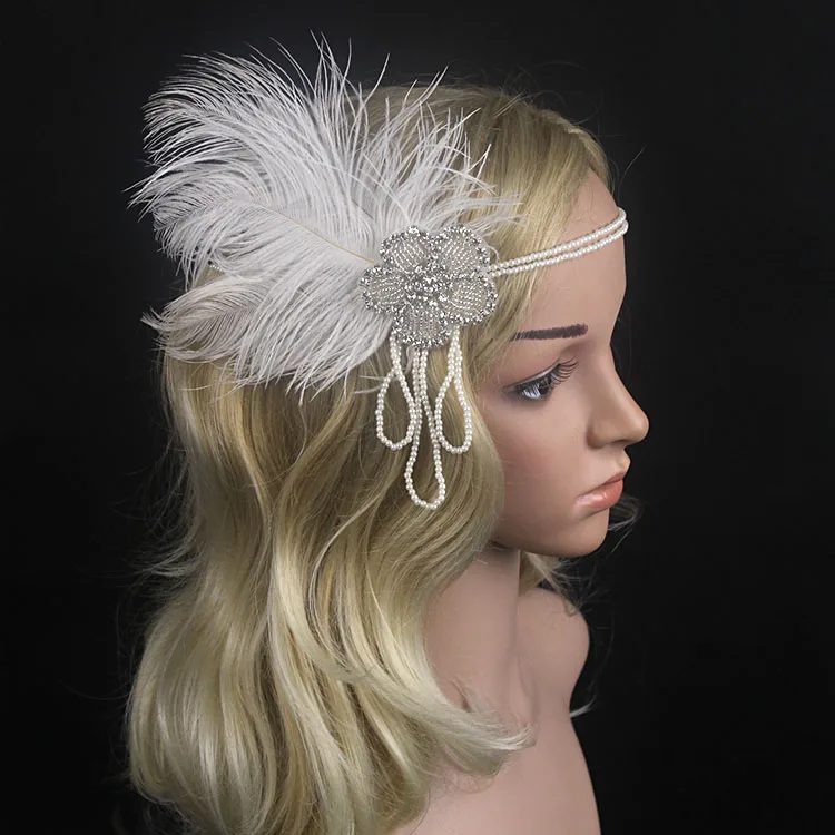 

KMVEXO Crystal Chain Pearl Tassels White Feather 1920s Headpiece Flapper Great Gatsby Headband Women Wedding Hair Accessories