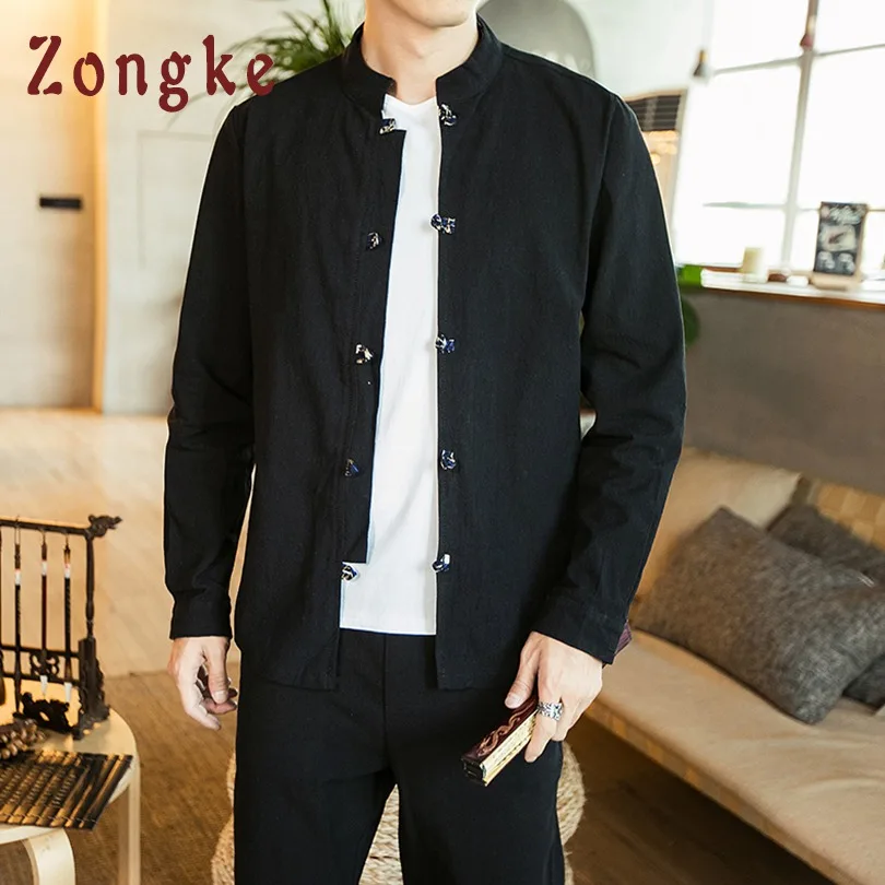 Zongke, китайский стиль, мужские рубашки с длинным рукавом, повседневные, Мандариновый воротник, уличная Мужская рубашка, хлопок, мужская рубашка с длинным рукавом, новинка - Цвет: Black