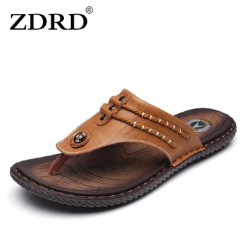 

ZDRD New Men's Sandals Male Summer Designer Flip Flops Handmade Genuine Leather Slippers Fashion Beach Sandals Home Slippers Men