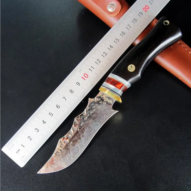 

Handmade real Damascus steel hunting knife Damascus Steel camping fixed knife ebony handle with Leather sheath for man