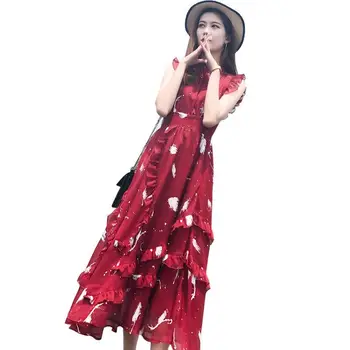 

2020 Summer Women Asymmetrical Ruffles Maxi Dress Female Floral Print Chiffon Dresses Lady Party Elegant Swing Fairy Vestido Y93