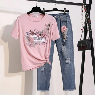 Вышивка любовь 3D цветочные хлопчатобумажные Джемперы рубашка+ низкая талия прямые женские джинсы модные 2 шт. повседневные комплекты стильные джинсовые брюки костюм - Цвет: Розовый
