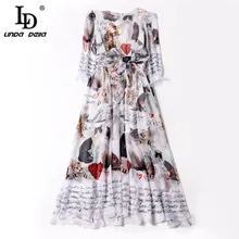 High Quality New 2017 Runway Summer Dress Women's Half Sleeve Casual Animal Cat Letter Chiffon Printed Long Dress With Scarf