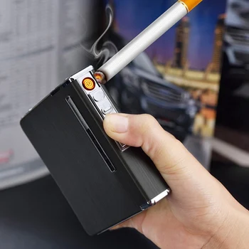 

Portable Metal Cigarette Boxe With USB Lighter 20pcs Cigarette Holder Case Automatic Loading Gadget For Men Christmas Gift