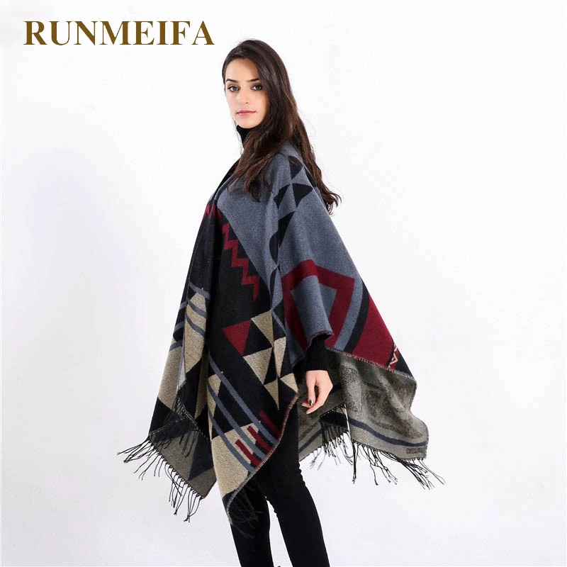 

[RUNMEIFA] 2018 nieuw merk vrouwen winter deken vintage vrouwen dame gebreide poncho sjaal kasjmier sjaal poncho cape