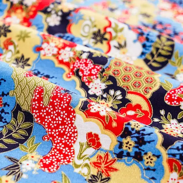 Printed Bronze Dark Blue Cotton Fabric Japanese Style Flower