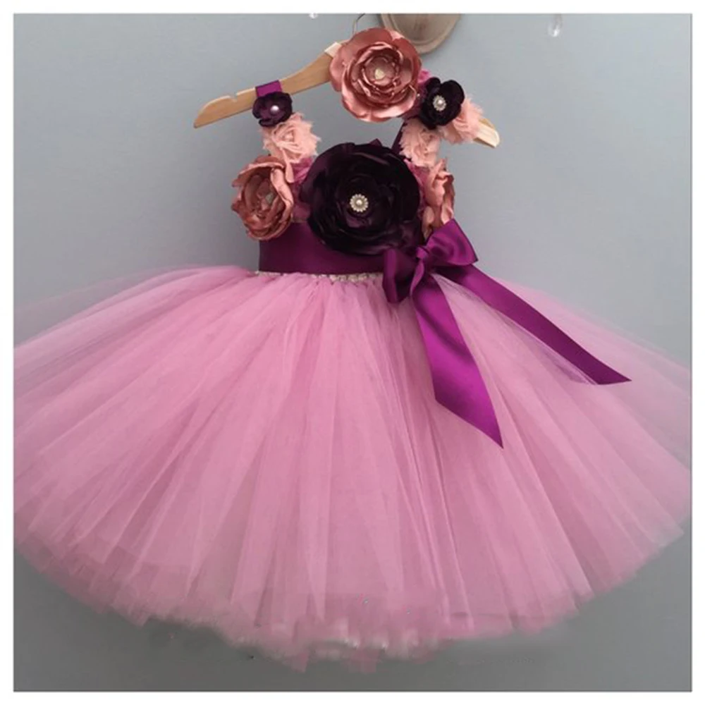 

Elegant Long Flower Girl Tutu Dress Vintage Rose Fluffy Baby Kids Girls Wedding Bridesmaid Party Bespoke Photo Prop Dresses