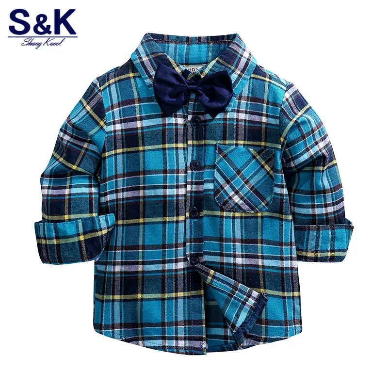

XC-148 Autumn Children T Shirt for Boys Long Sleeve Baby T-shirt with Bow Tie Plaid Clothing Cotton Spring Tops for 2-6Y Kids