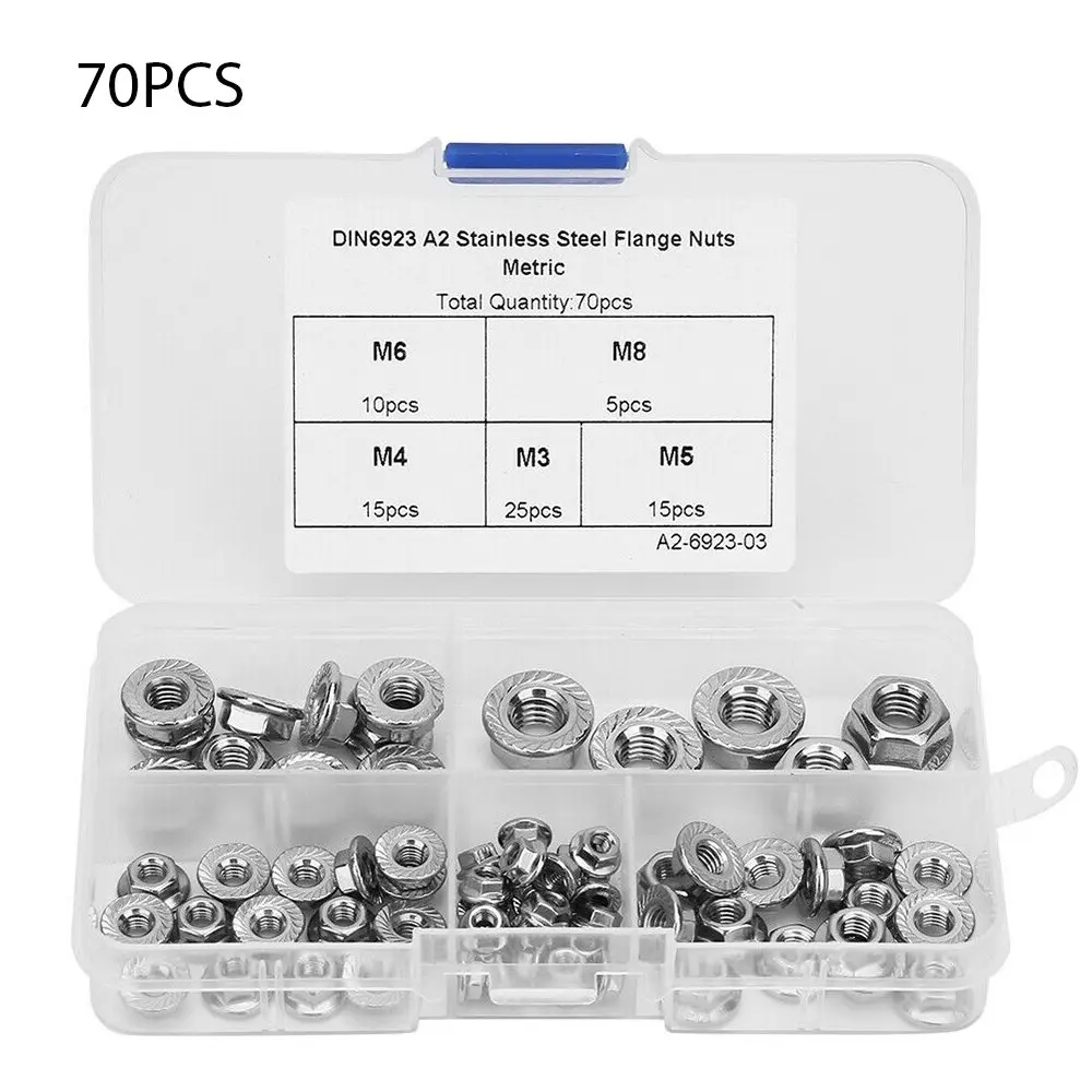 

70pcs/set M3 M4 M5 M6 M8 Stainless Steel Hexagon Flange Nuts Slip Locking Lock Nut High Quality Assortment Home Improvement
