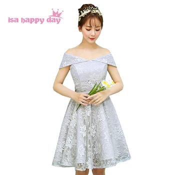 

lace light grey sexy short boat neck corset brides maids lace dresses bridesmaid party ball gowns silver under 100 H3879