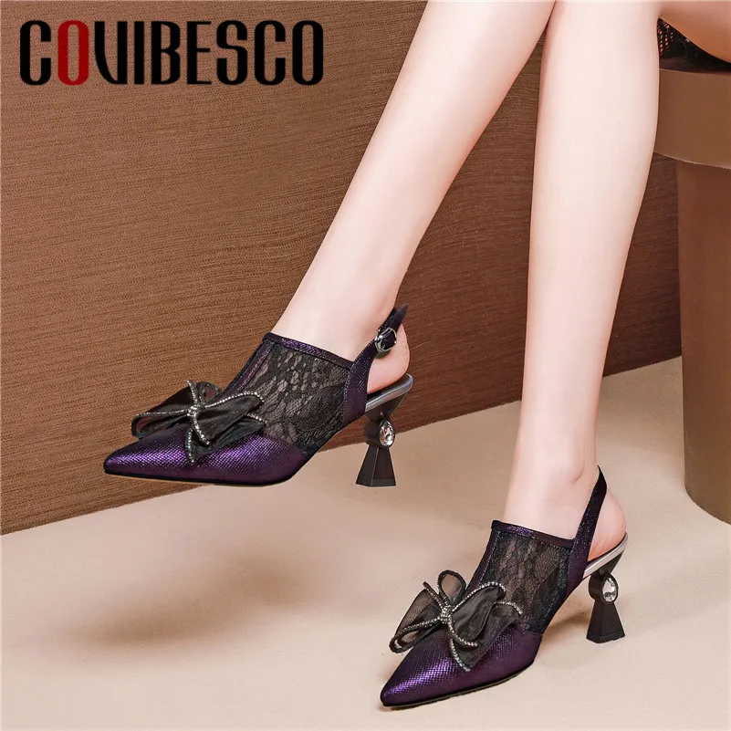 

COVIBESCO 2019 Summer New Vintage Elegant Pointed Toe Women Pumps Sheepskin Butterfly Knot Buckle Strange Style Women Sandals