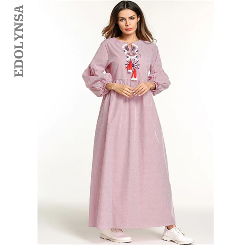

Pink Striped Embroidery Lace Up High Waist Fringed Oversize Long Sleeve Maxi Dress Plus Size Women Clothing 2019 Robe Dress D633