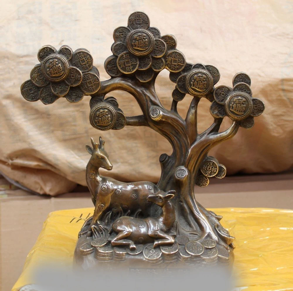 

11" China Chinese Bronze Animal Feng Shui Folk Money Tree longevity Deer Statue