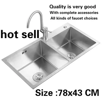 Cheap Free Shipping Luxury Kitchen Manual Sink Double Groove Wash The Dishes Durable 1 Mm Food Grade Stainless Steel Hot Sell 78x43 CM