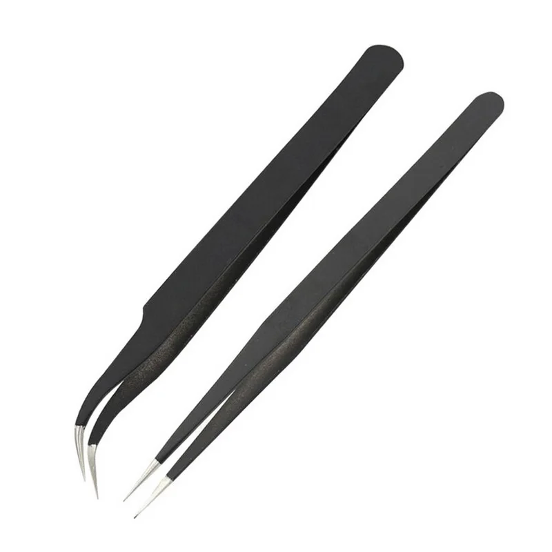 

2PCs/Set Black/Silver Rhinestone Picking Tool Eyelash Curved Tip Nippers Tweezer Curved Nail Tool Beauty Eye Makeup Pro