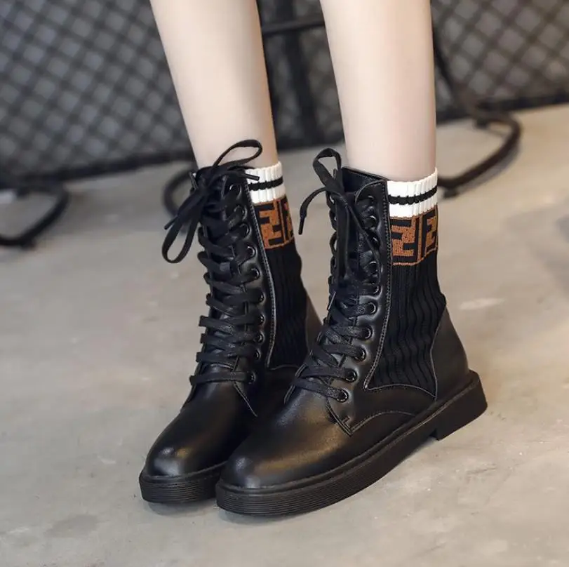 Boots children's new round head Martin boots female front with elastic knit socks boots thick with the tube women's boots winter