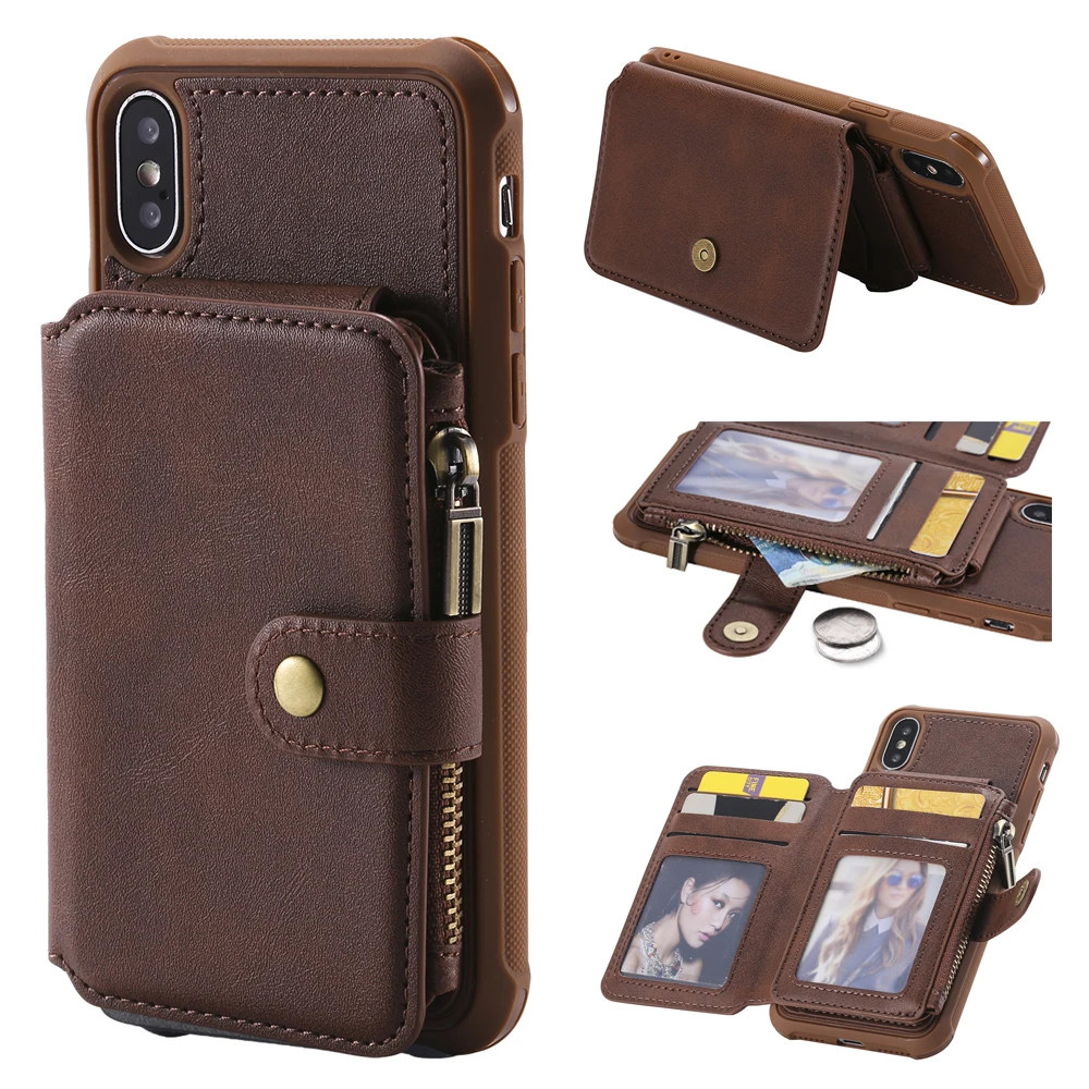 

Leather Flip For Iphone 8 7 6 6s Plus Cover Zipper Multifunction Wallet Case For iPhone X XS XR XS Max Shockproof Silicone Cover