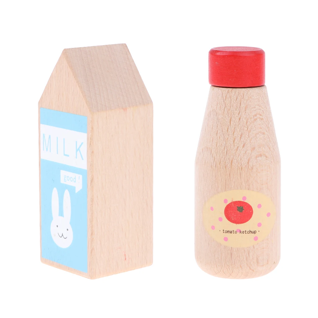 Pack of 2 Wooden Condiment Bottle Chef Role Play Tableware Toy for Kids - Ketchup Bottle & Milk Bottle