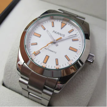 

PARNIS 40MM White Dial Mechanical Men Watch Stainless Steel Miyota 8215 Automatic Men's Watches erkekler otomatik kol saati 2019