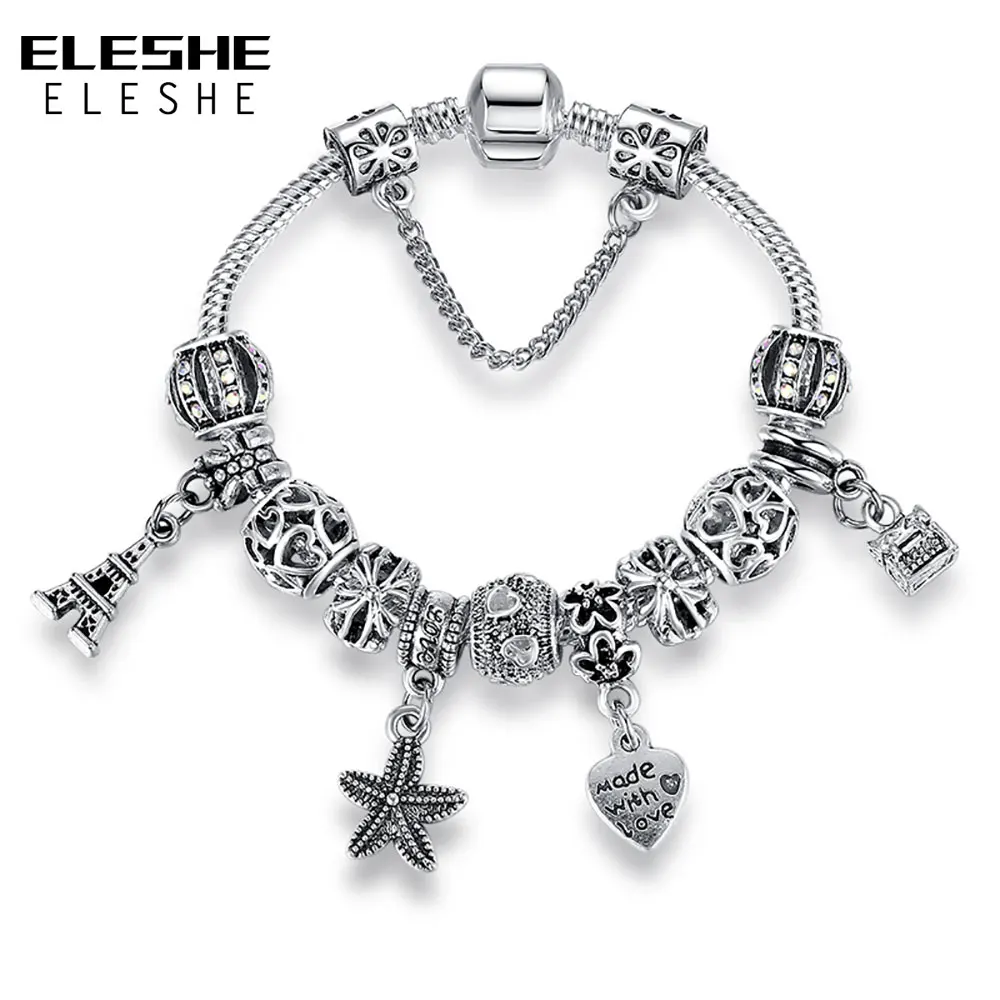 Eleshe نجم برج ايفل القلب الخرز الأوروبي سحر أساور للنساء سلامة سلسلة أساور مجوهرات diy الأصلي Eleshe نجم برج ايفل القلب الخرز الأوروبي سحر أساور للنساء سلامة سلسلة أساور مجوهرات diy الأصلي
