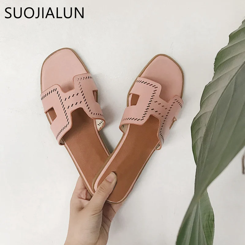 

SUOJIALUN Women Summer Slides Slip On Flat Slippers Brand Slippers Beach Flip Flops Sandal Zapatos Mujer Outdoor Casual Shoes