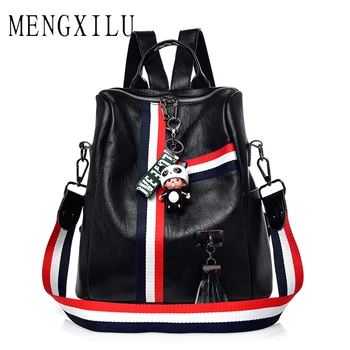 

MENGXILU Cute Keychain Backpacks For Girls Fashion Tassel Women Backpack Female Colorful Daypack SchoolBag Leather Shoulder Bags
