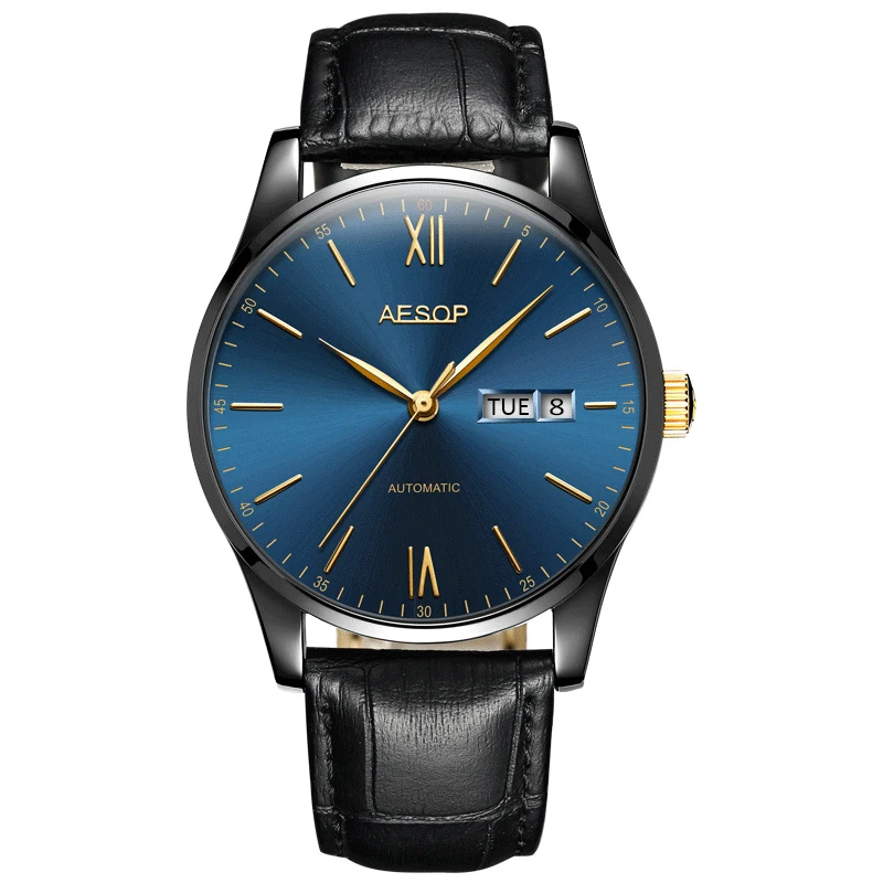 AESOP Mechanical watch men automatic Relogio Business wristwatches top brand luxury Thin часы мужские - Color: 1001 black blue G