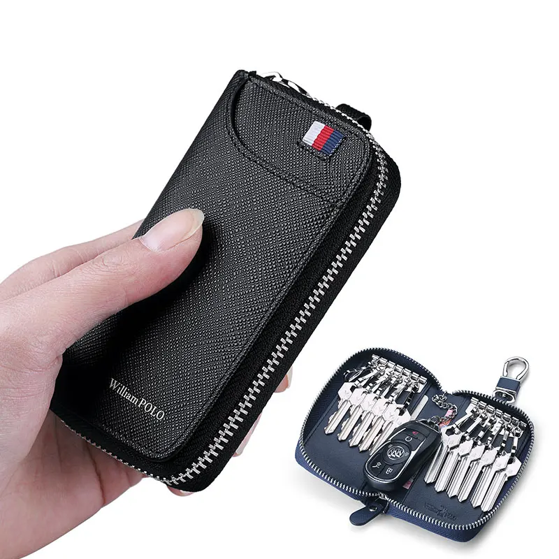 Чехол-кошелек для ключей от бренда WILLIAMPOLO, мужской кошелек из натуральной кожи с карманом для монет, мужской держатель для карт на молнии и застежке - Цвет: Black