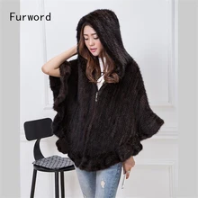 Genuine Mink Knit Jacket Women’s Cloak Flounced V-Neck Hooded Jacket Fur Coat Fur Free Shipping